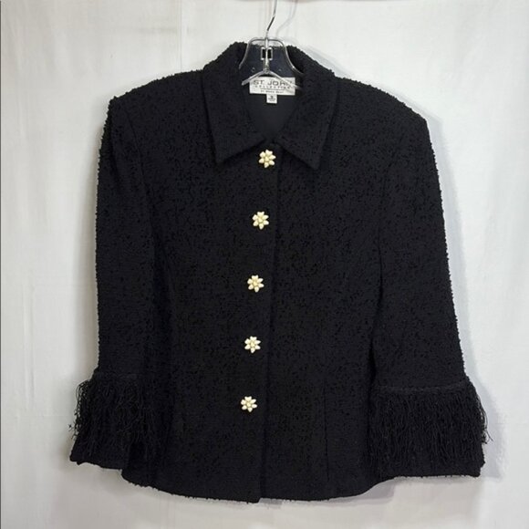 🥽 St. John Black knit Blazer with Fringe and Floral Accents buttons - Picture 1 of 6